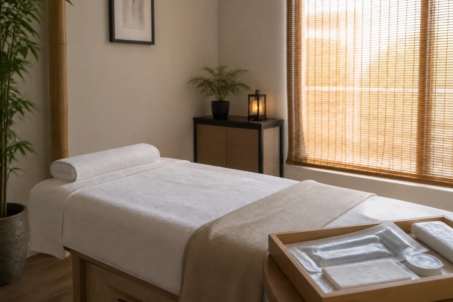 Calm acupuncture clinic treatment room ready for patients