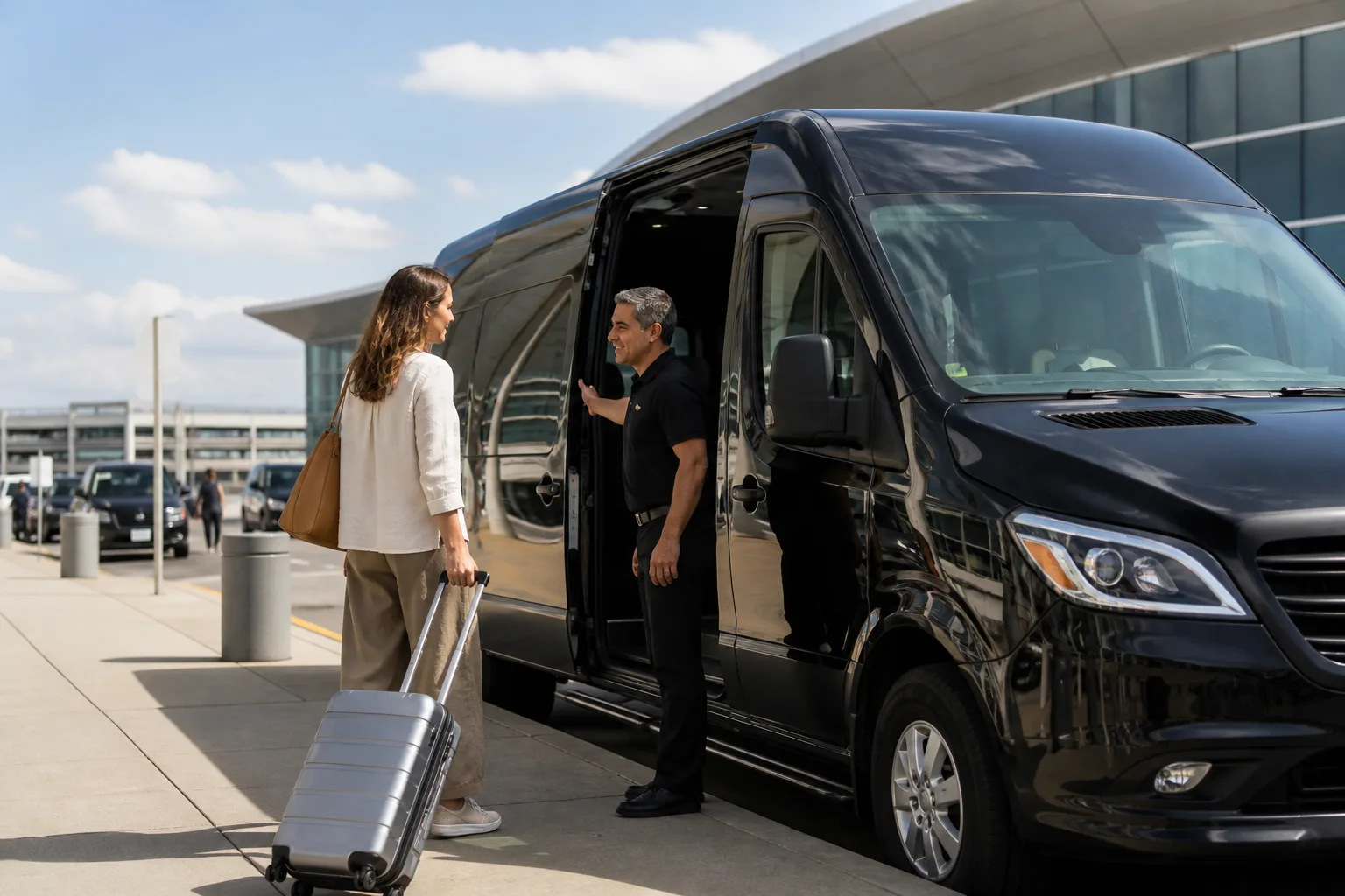 Airport shuttle driver helping a traveler with luggage