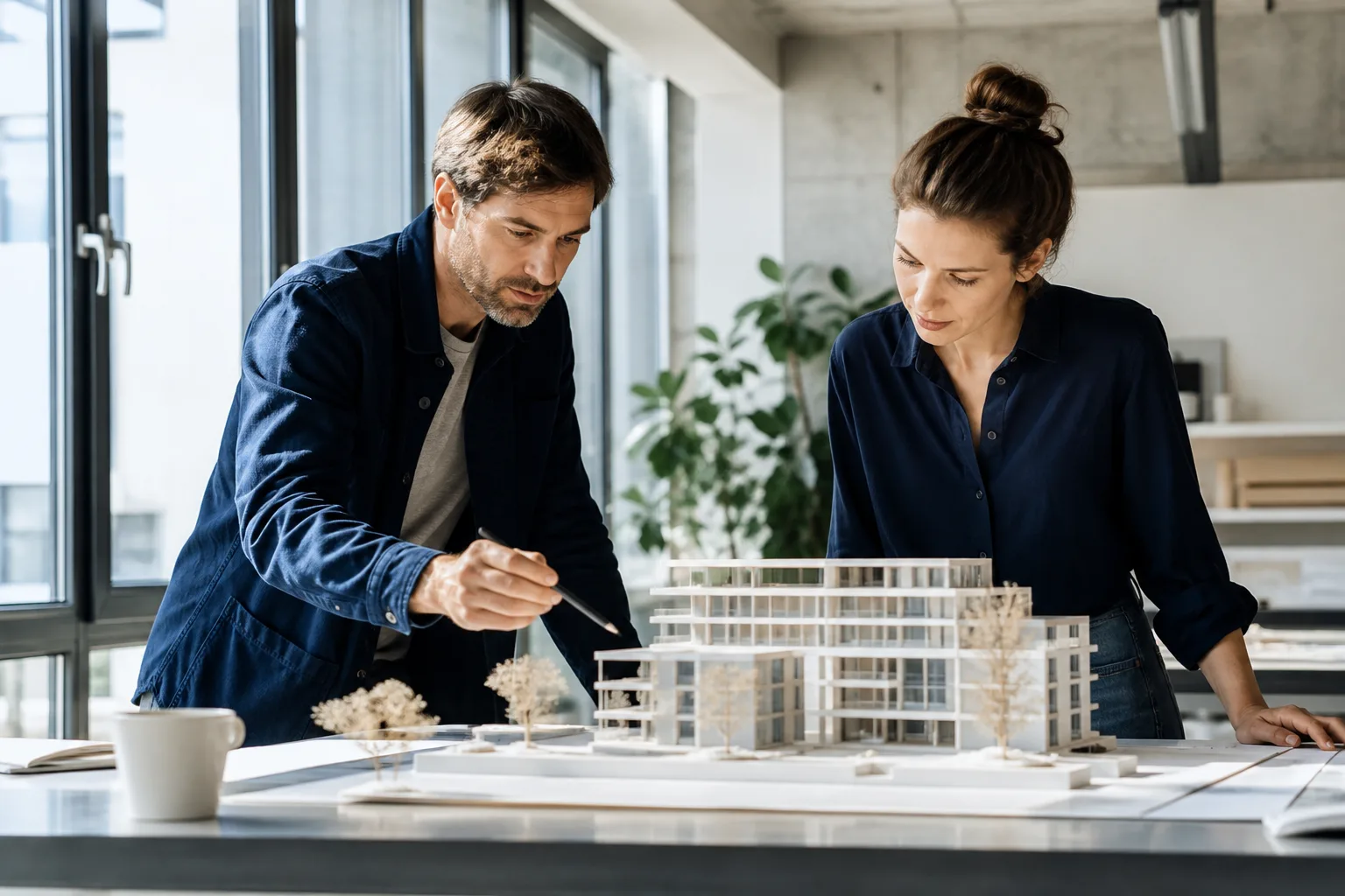 Architects reviewing plans in a modern studio
