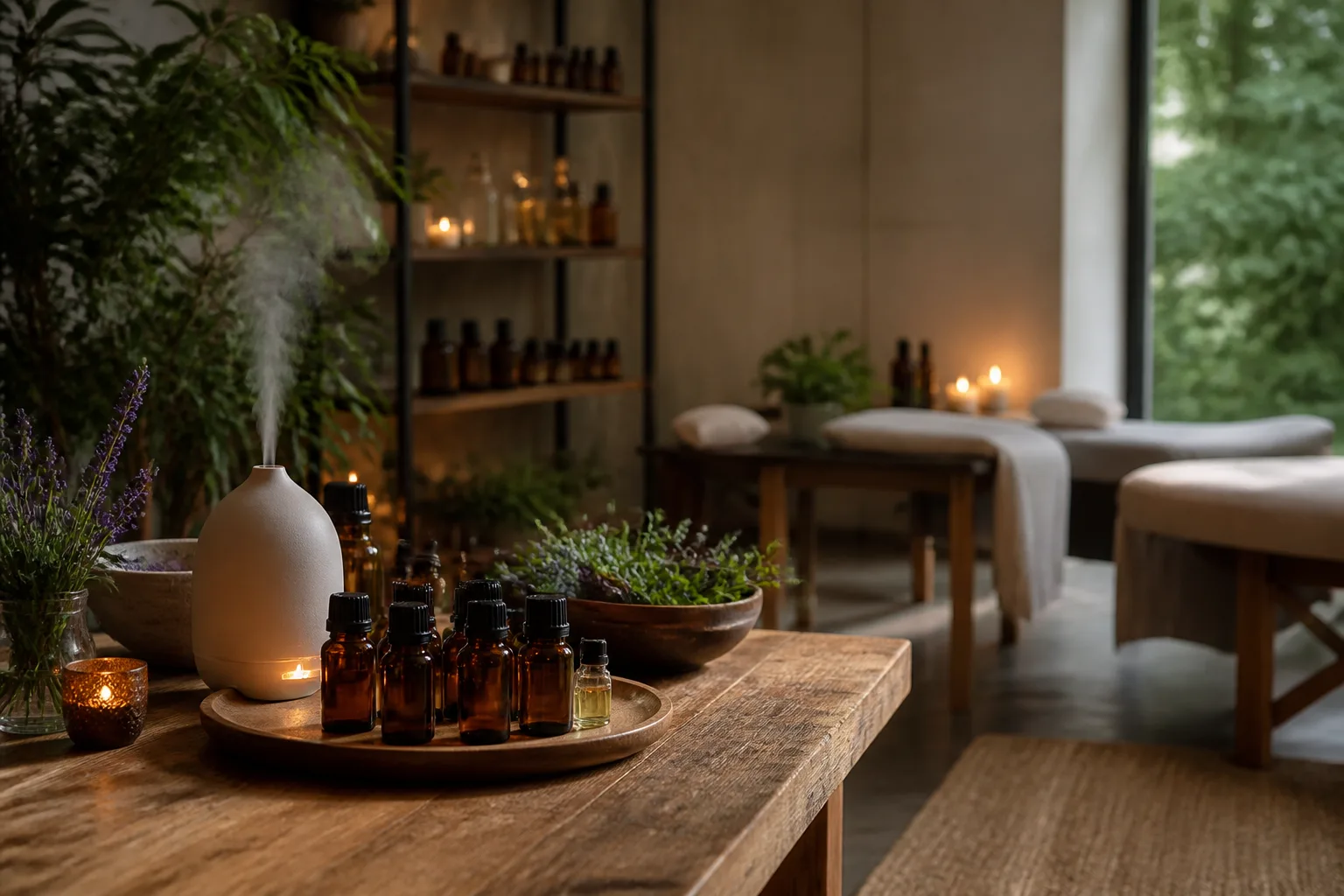 Aromatherapy studio with essential oils and soft diffuser mist