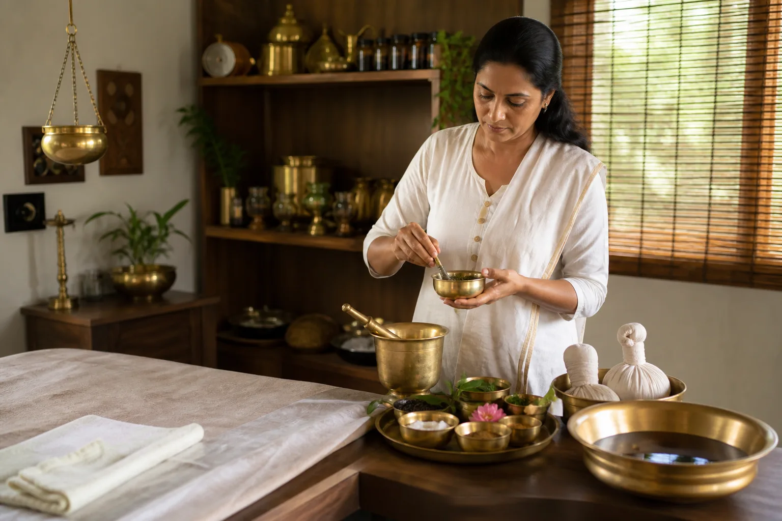 Ayurvedic practitioner preparing herbal oils in a clinic
