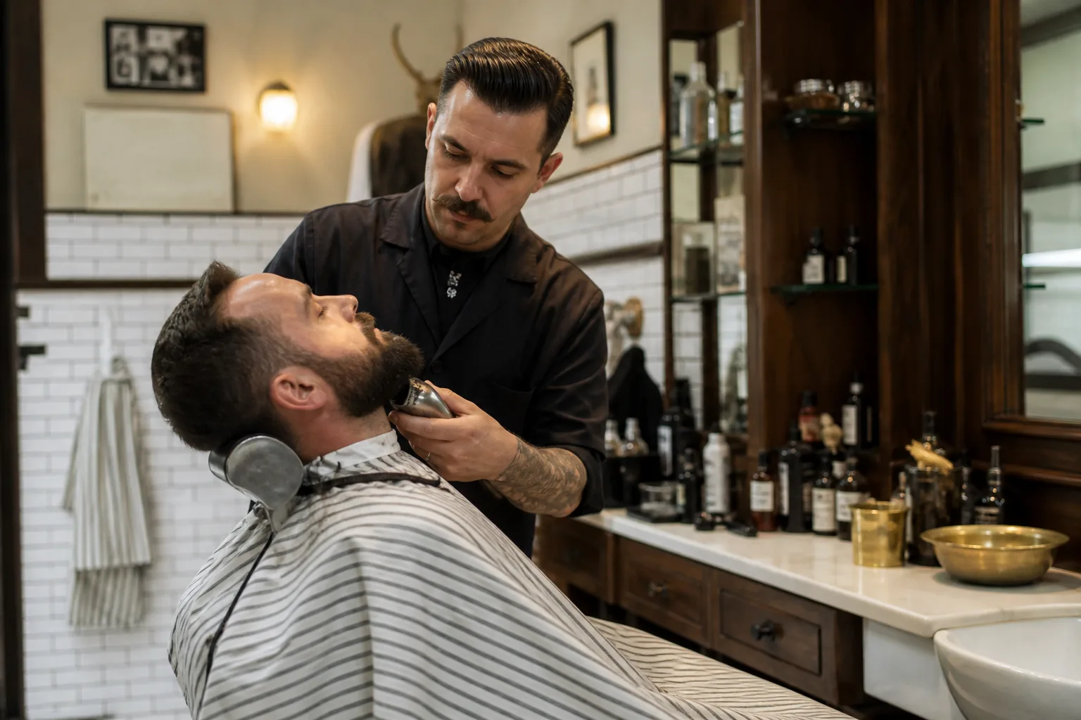 Barber trimming a client's beard in a classic barbershop