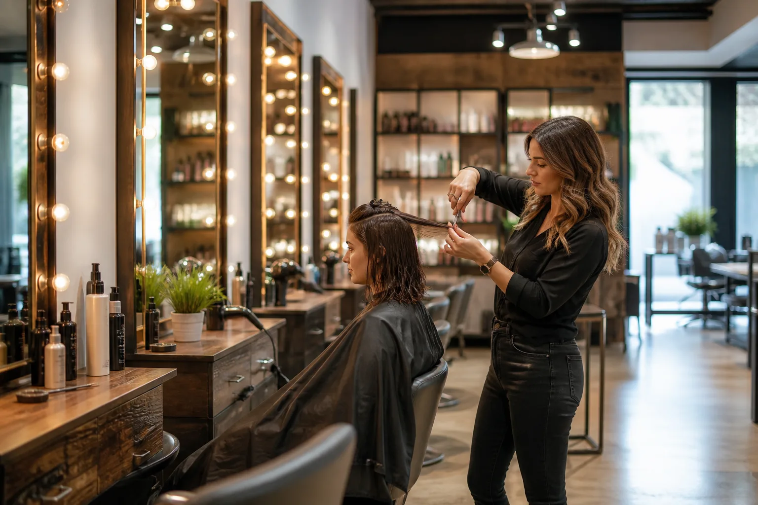 Stylist cutting hair in a modern beauty salon