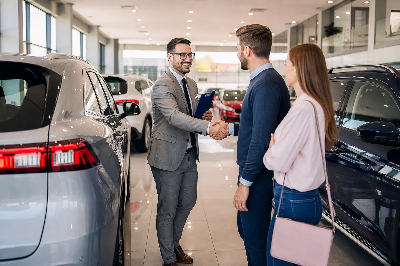 Customers in a bright car dealership showroom