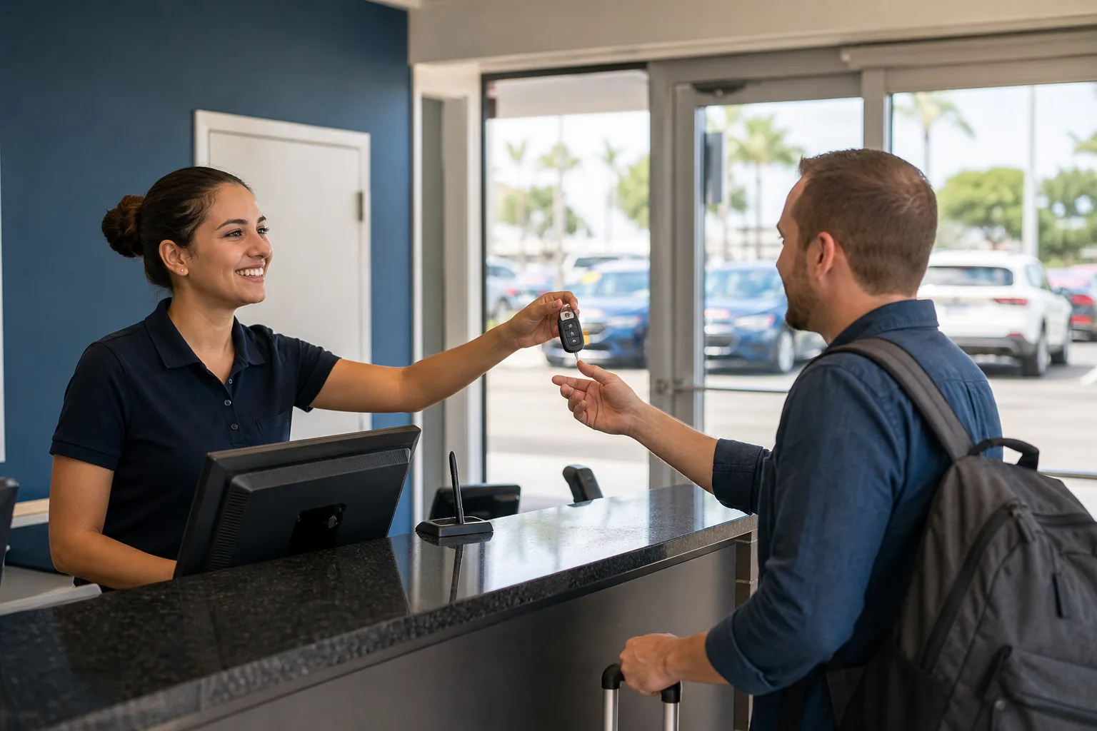 Customer collecting car keys at a rental agency counter