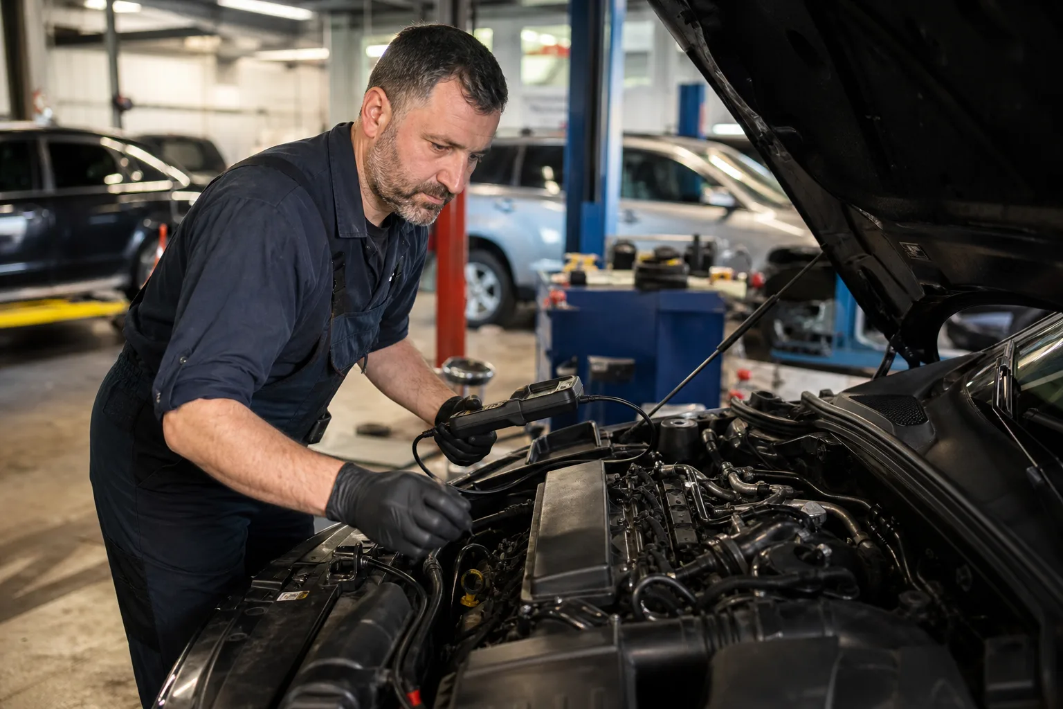Auto mechanic diagnosing a car engine in a workshop