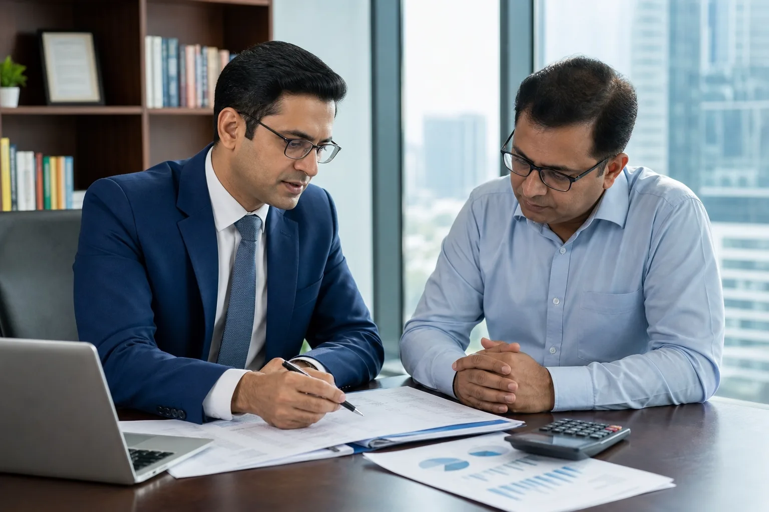 Chartered accountant reviewing documents with a client