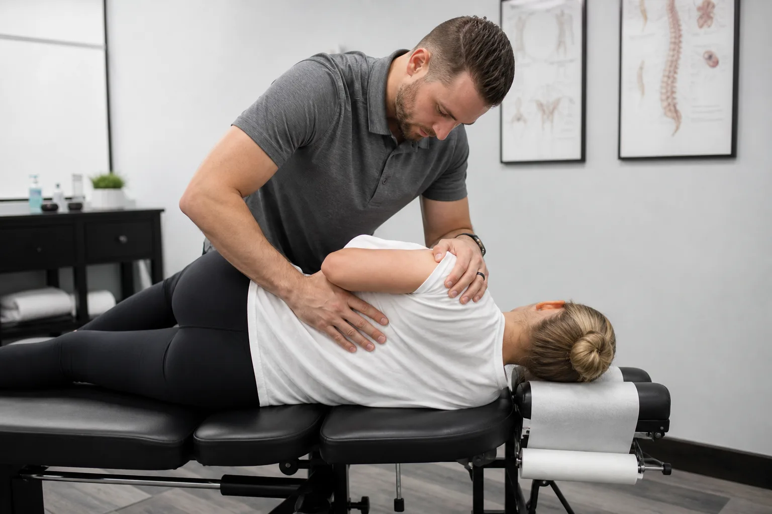 Chiropractor adjusting a patient on a treatment table