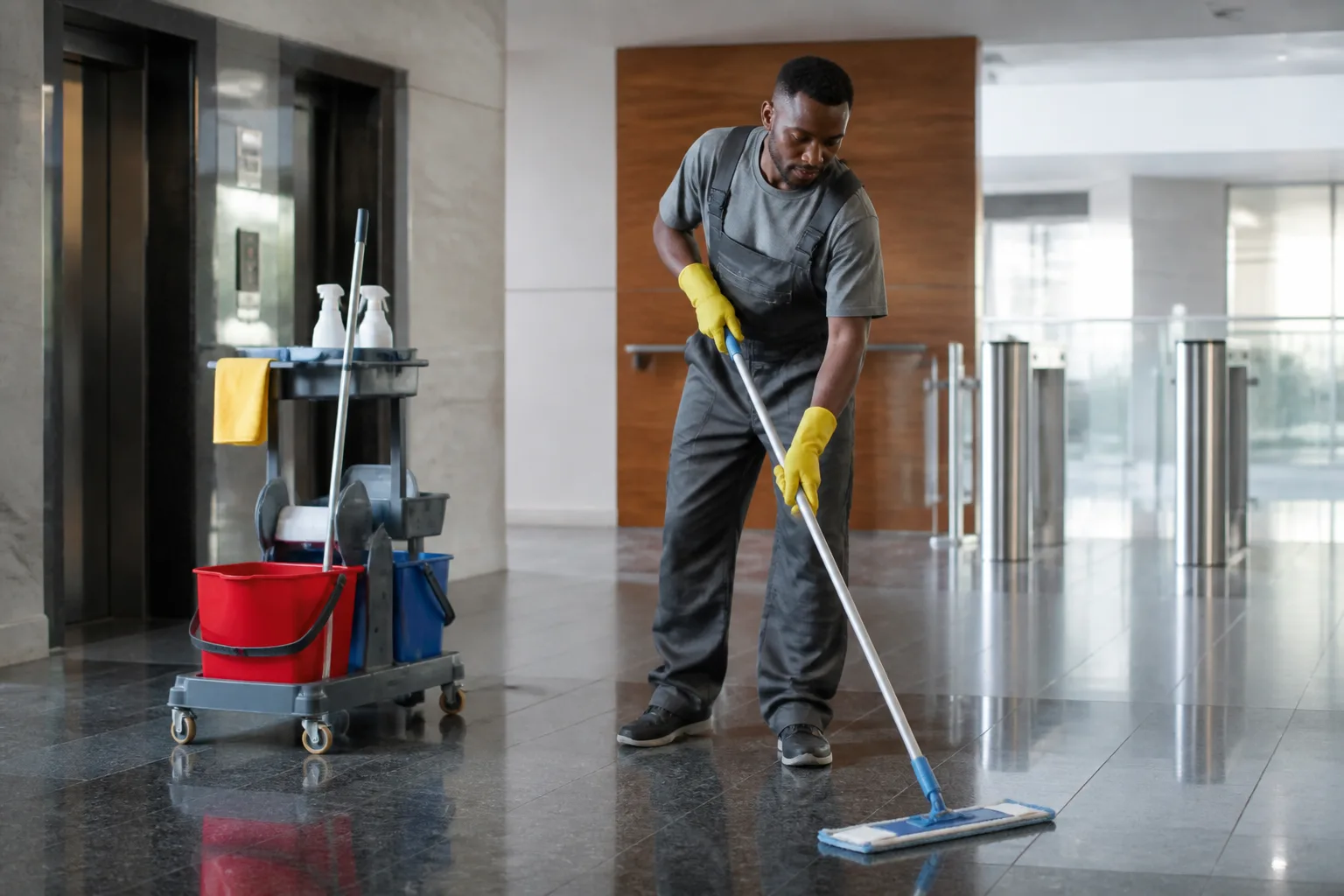 Professional cleaner mopping an office lobby floor