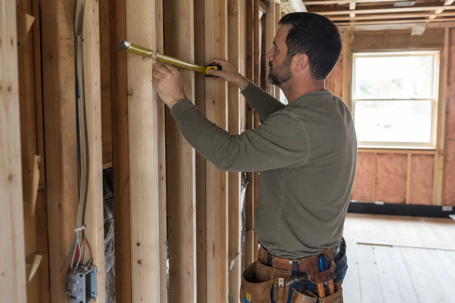 Building contractor measuring wall framing on a renovation site