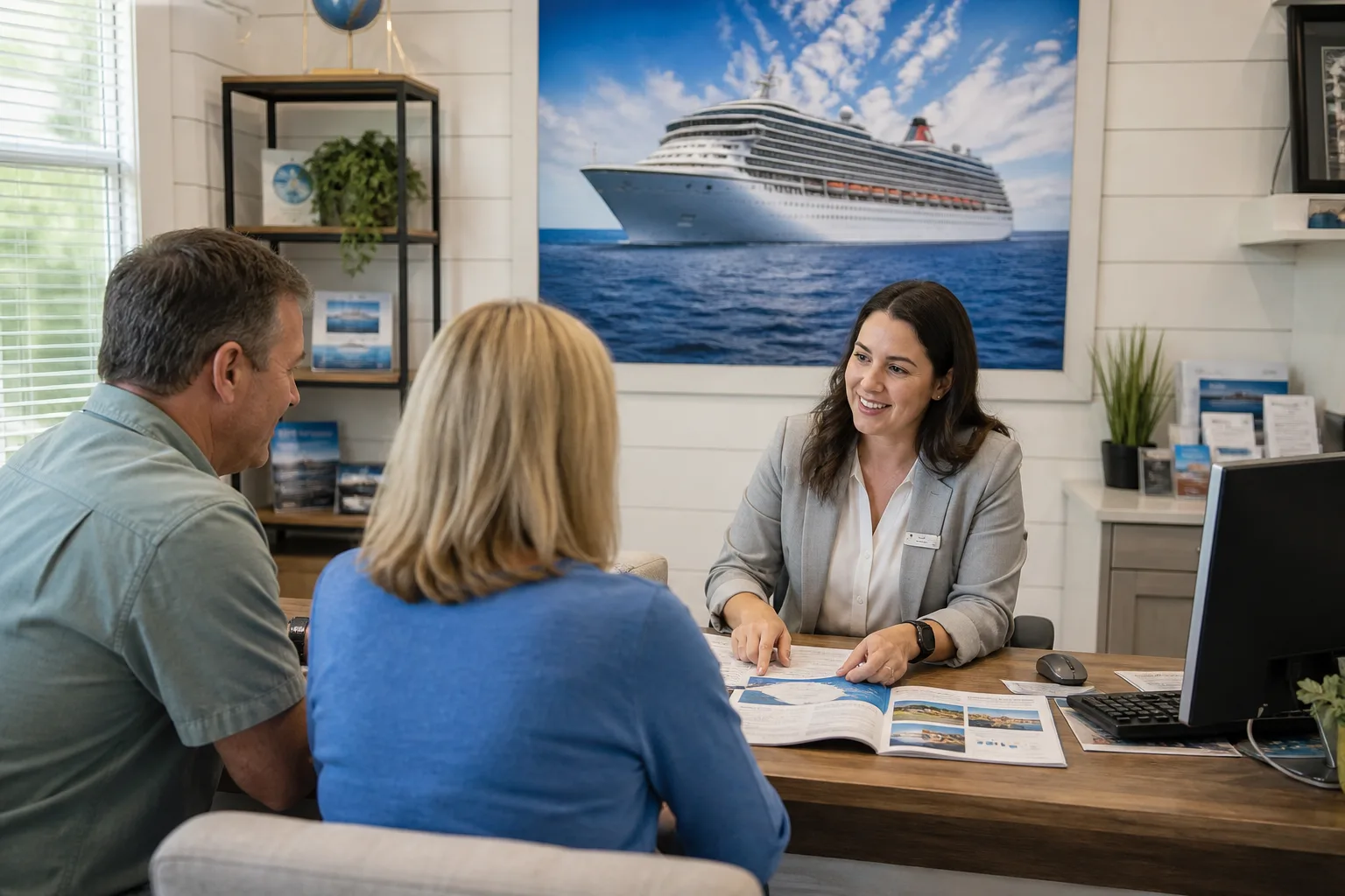 Travel agent helping clients plan a cruise holiday