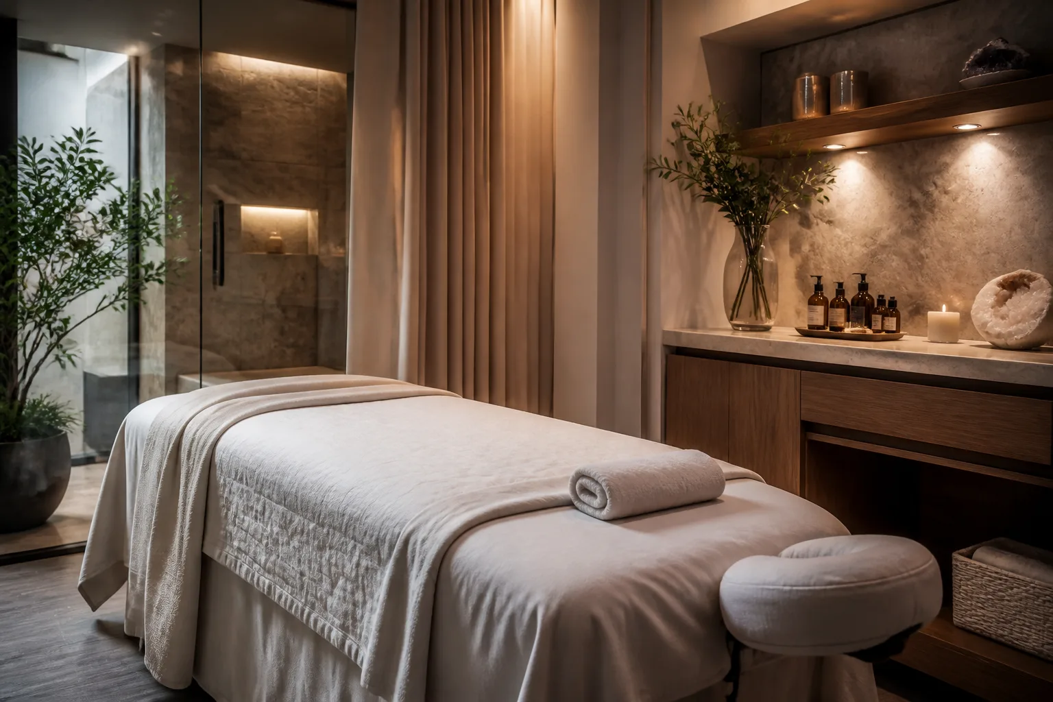 Calm day spa treatment room ready for guests