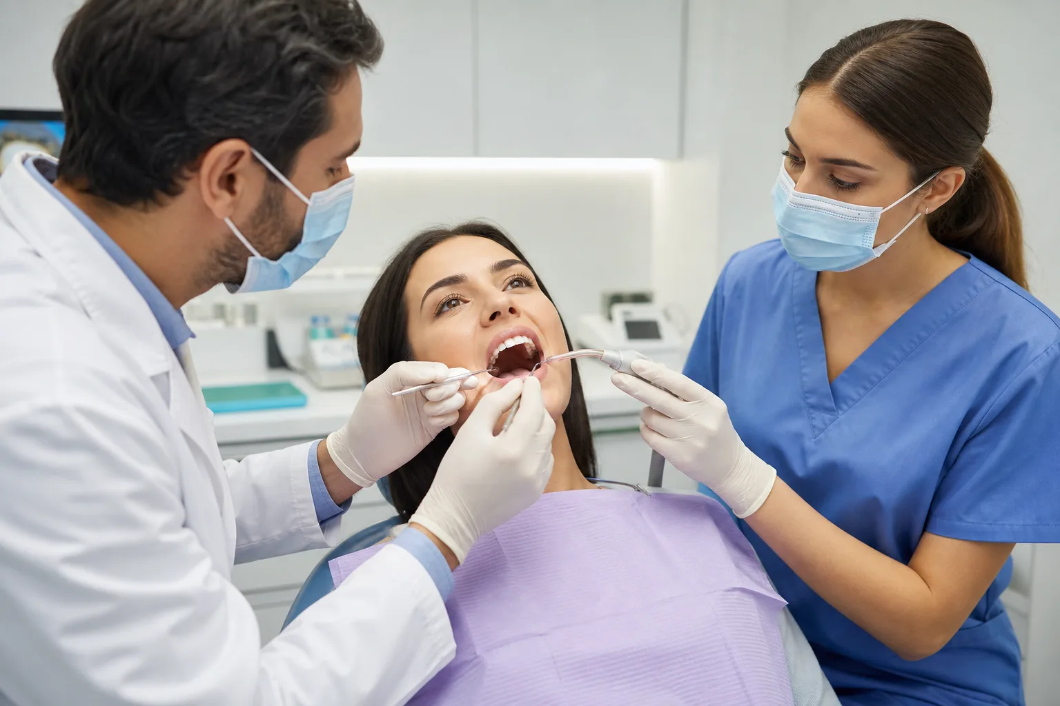 Dentist treating a patient in a bright modern clinic