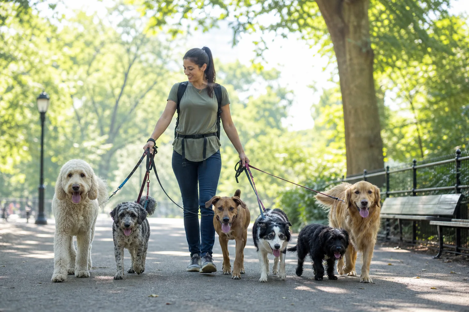 Dog walker with several dogs in a leafy urban park