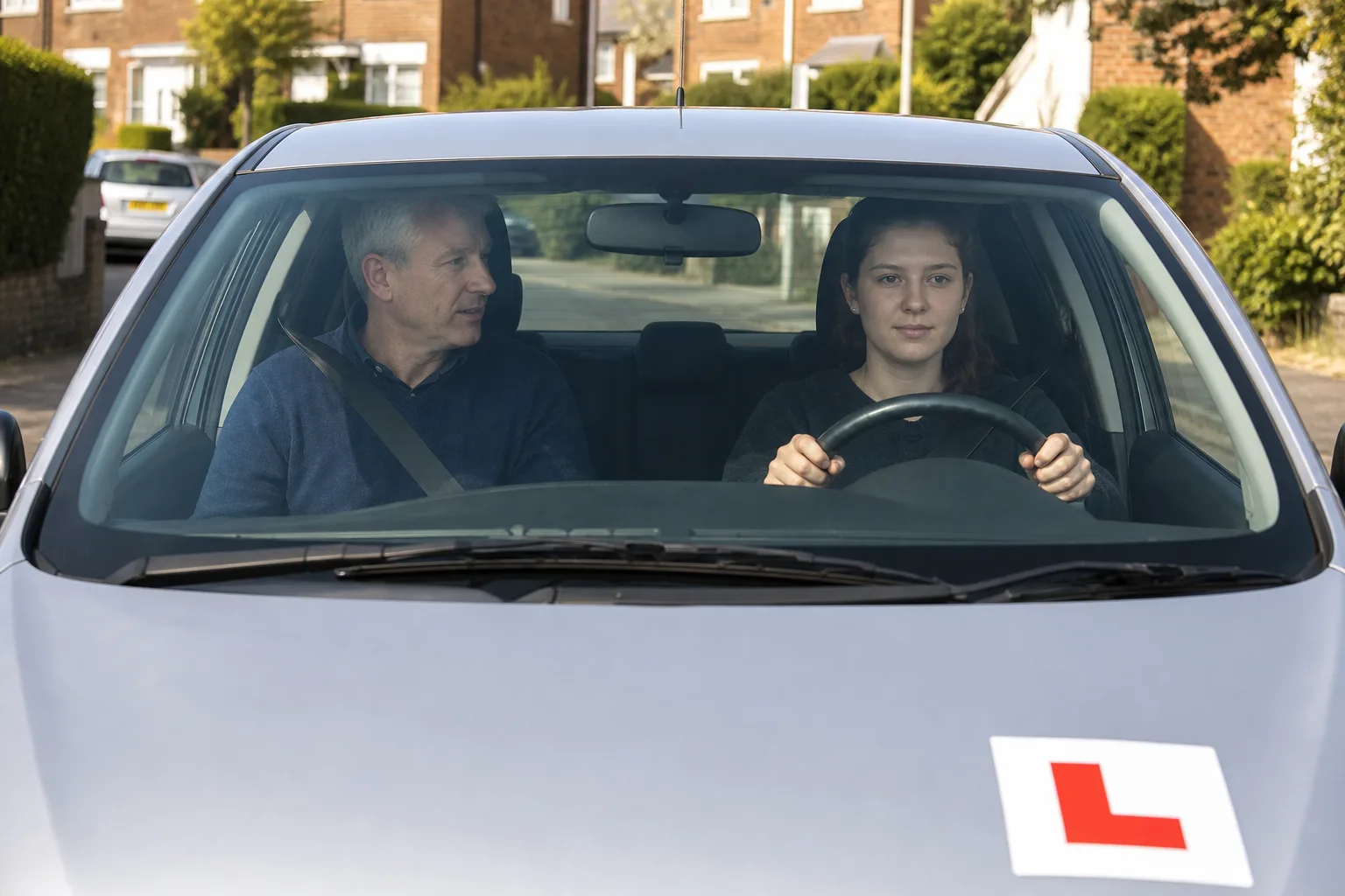 Learner driver and instructor in a car with an L-plate during a lesson