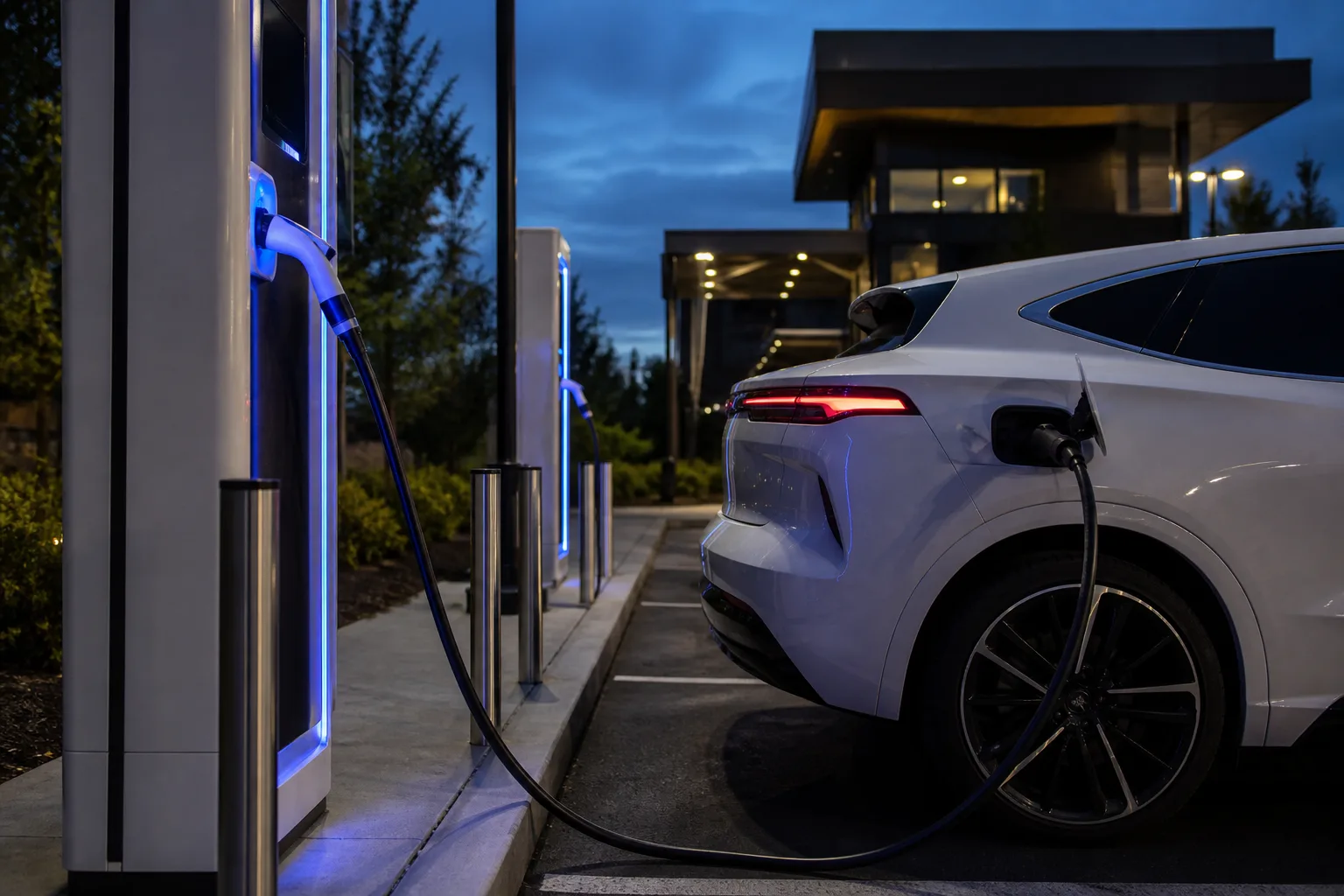 Electric car charging at an outdoor EV station at dusk