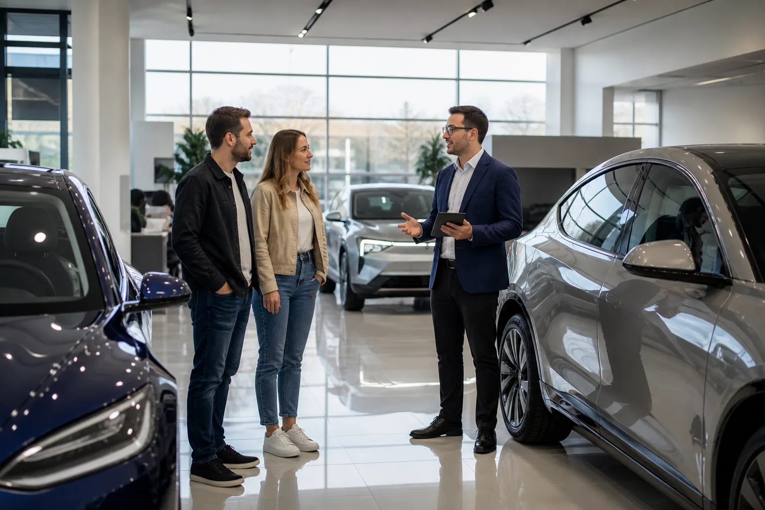 Customers browsing electric cars in a modern showroom