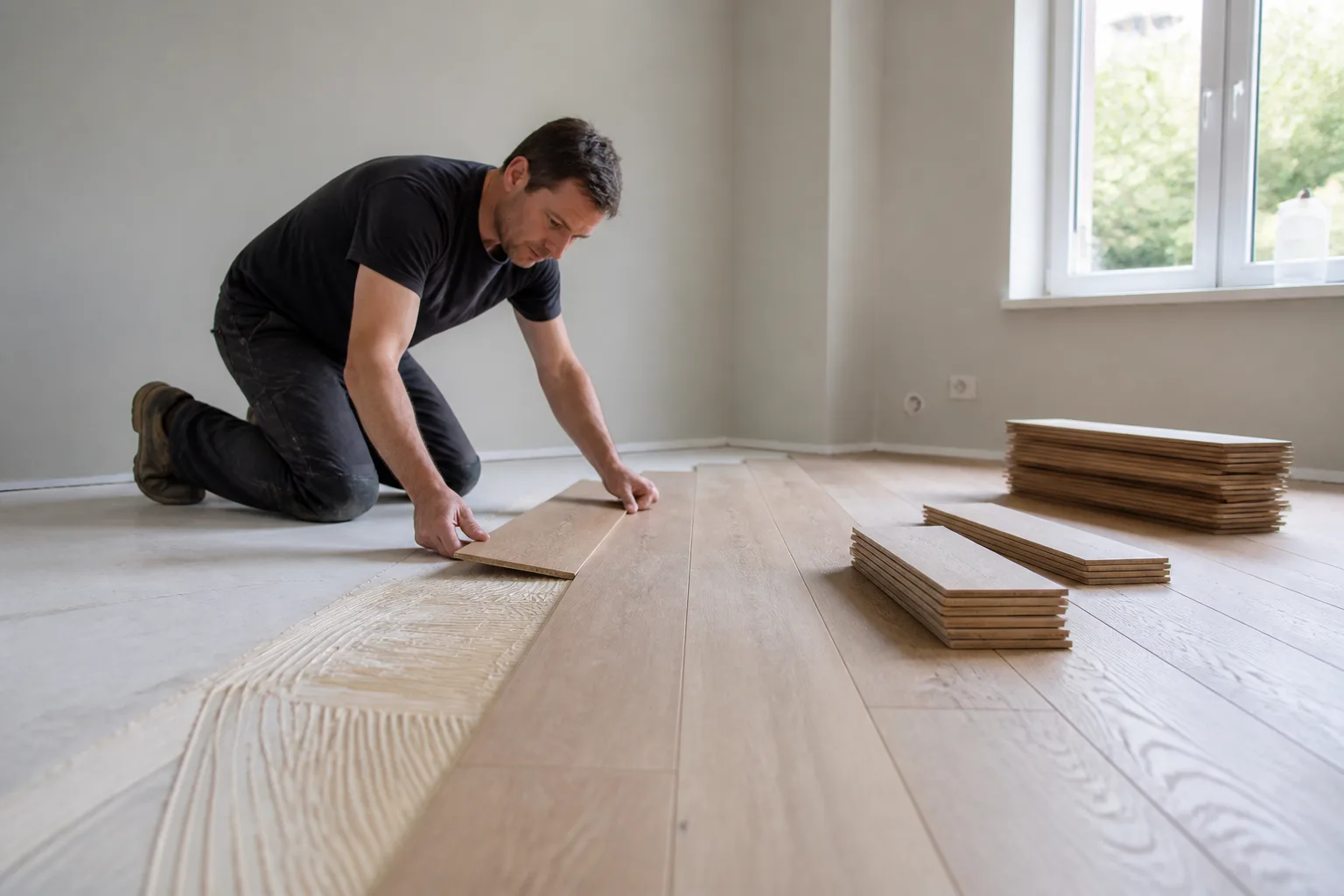 Flooring contractor installing wood plank flooring