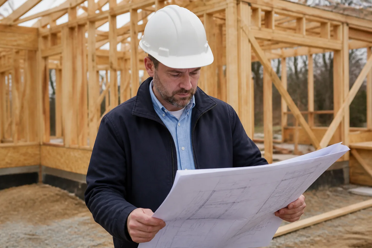 Contractor reviewing blueprints on a construction site