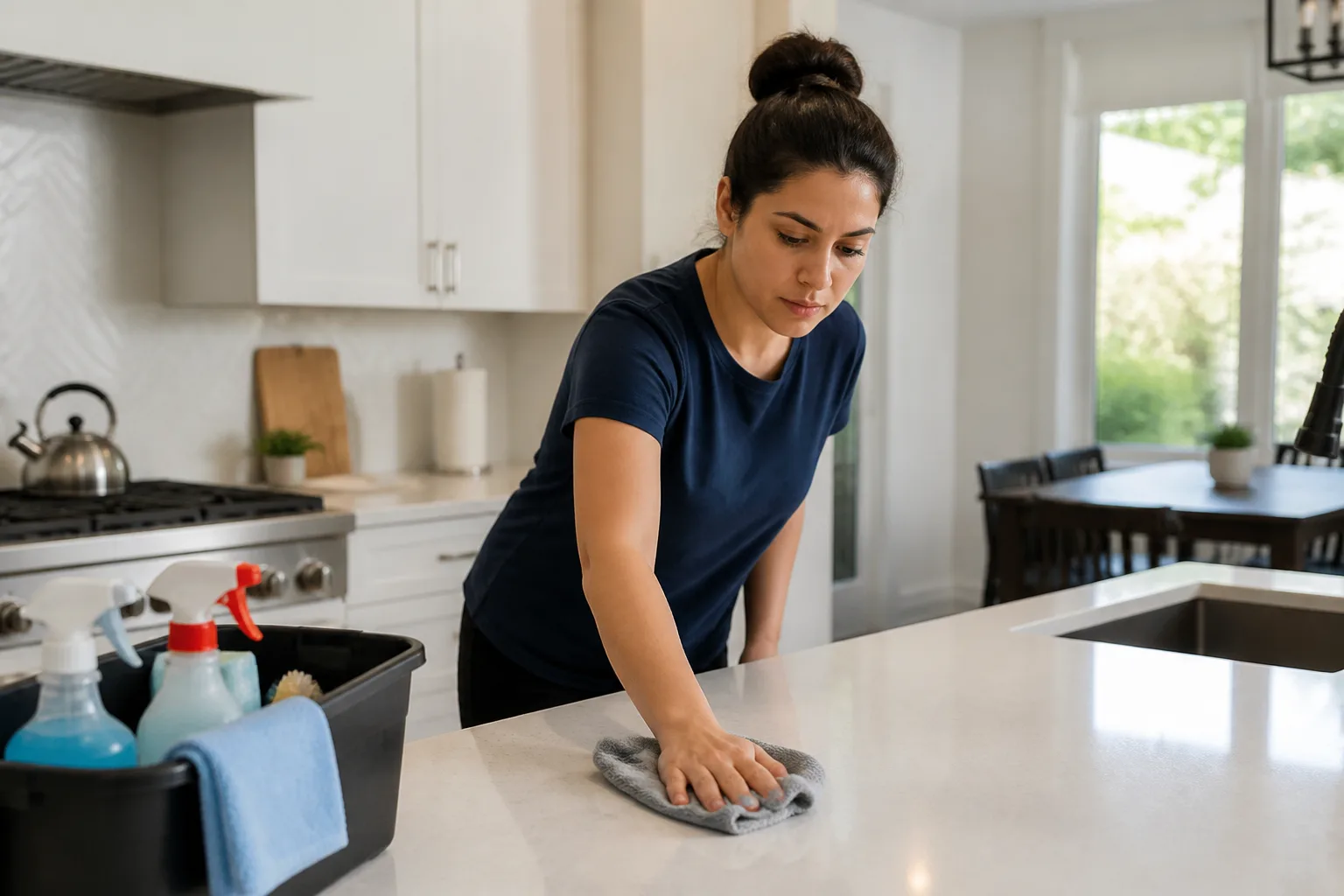 House cleaner wiping a kitchen counter in a bright home