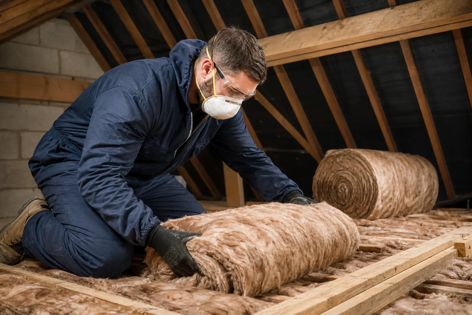 Insulation contractor installing loft insulation in an attic