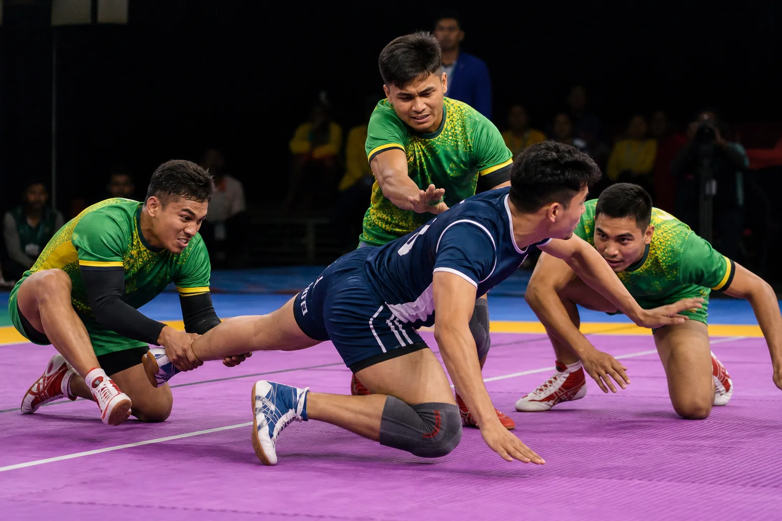Kabaddi athletes competing on an indoor court