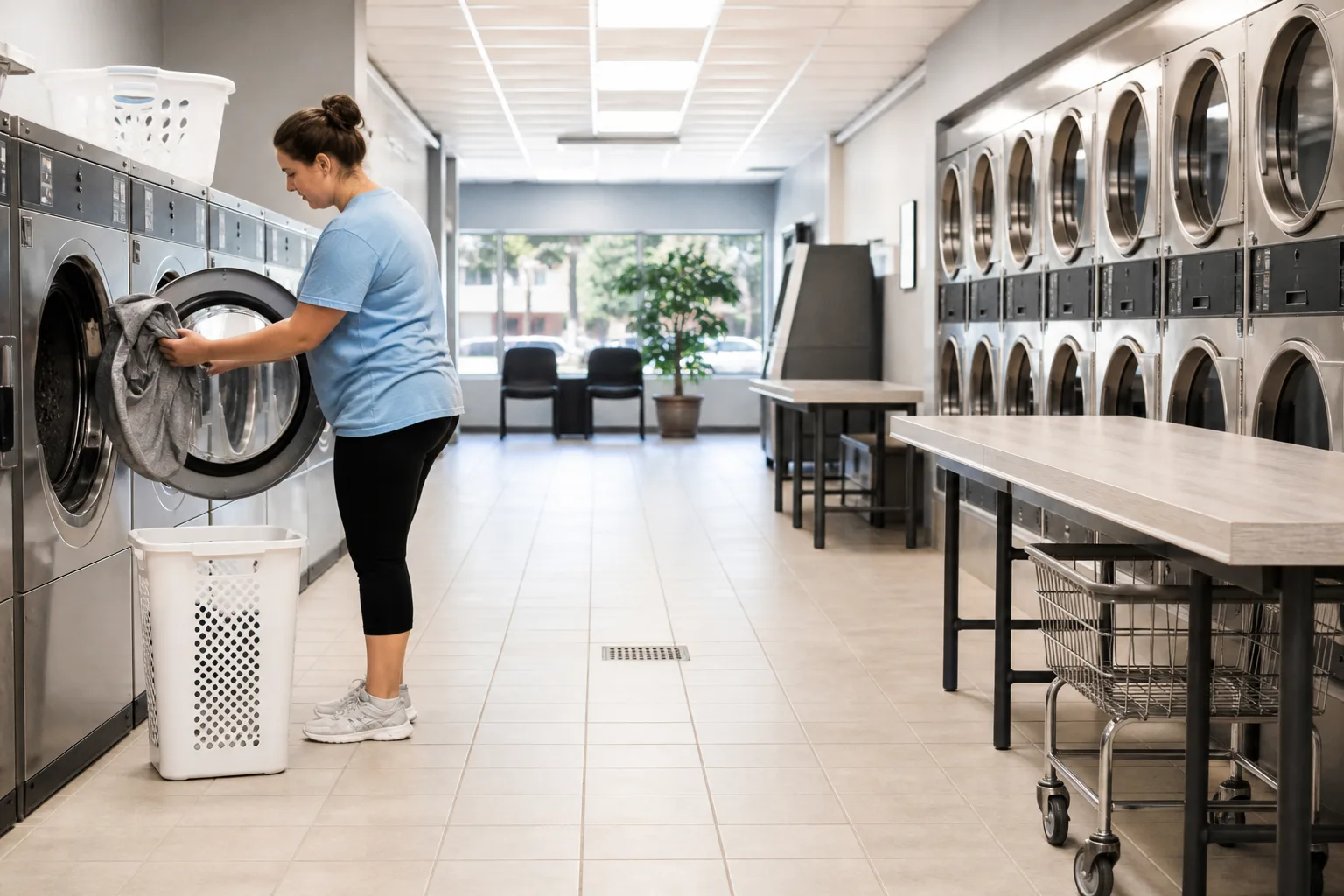 Customer loading laundry in a bright commercial laundromat