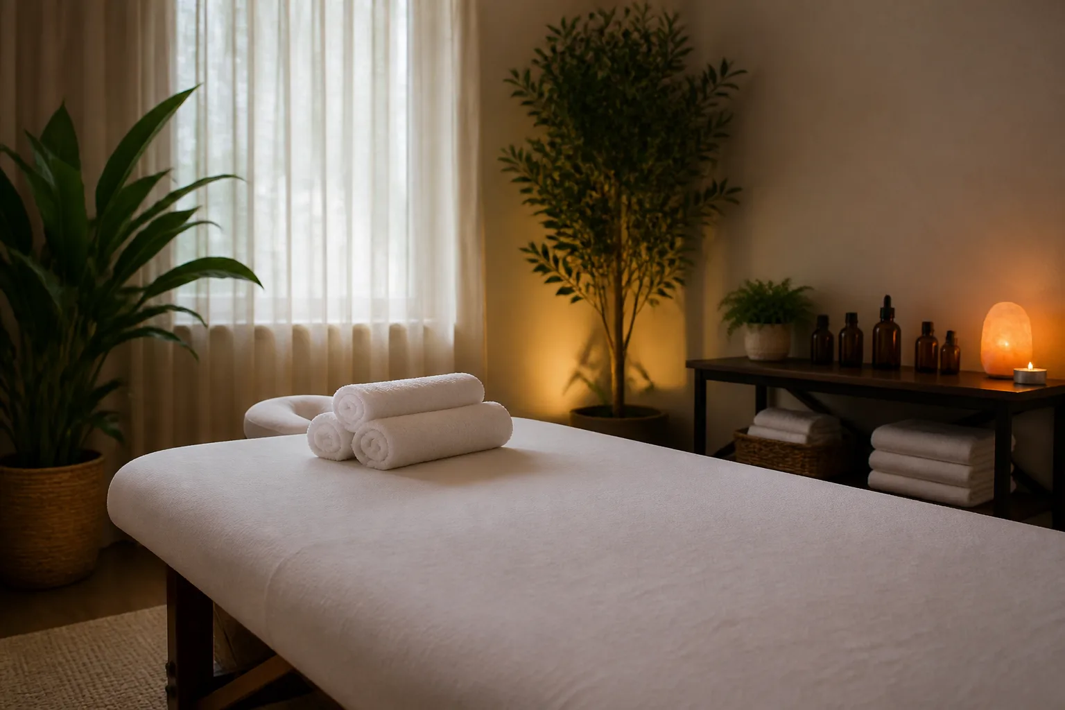 Calm massage therapy room with towels and soft lighting
