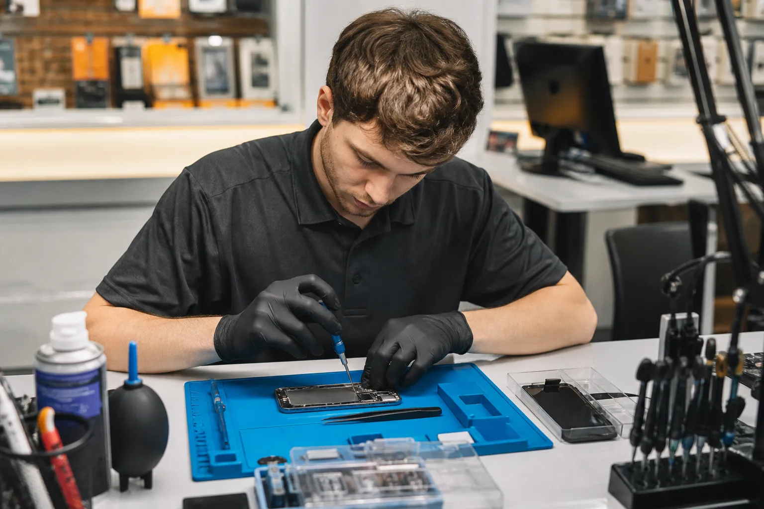 Technician repairing a smartphone at a tidy repair counter