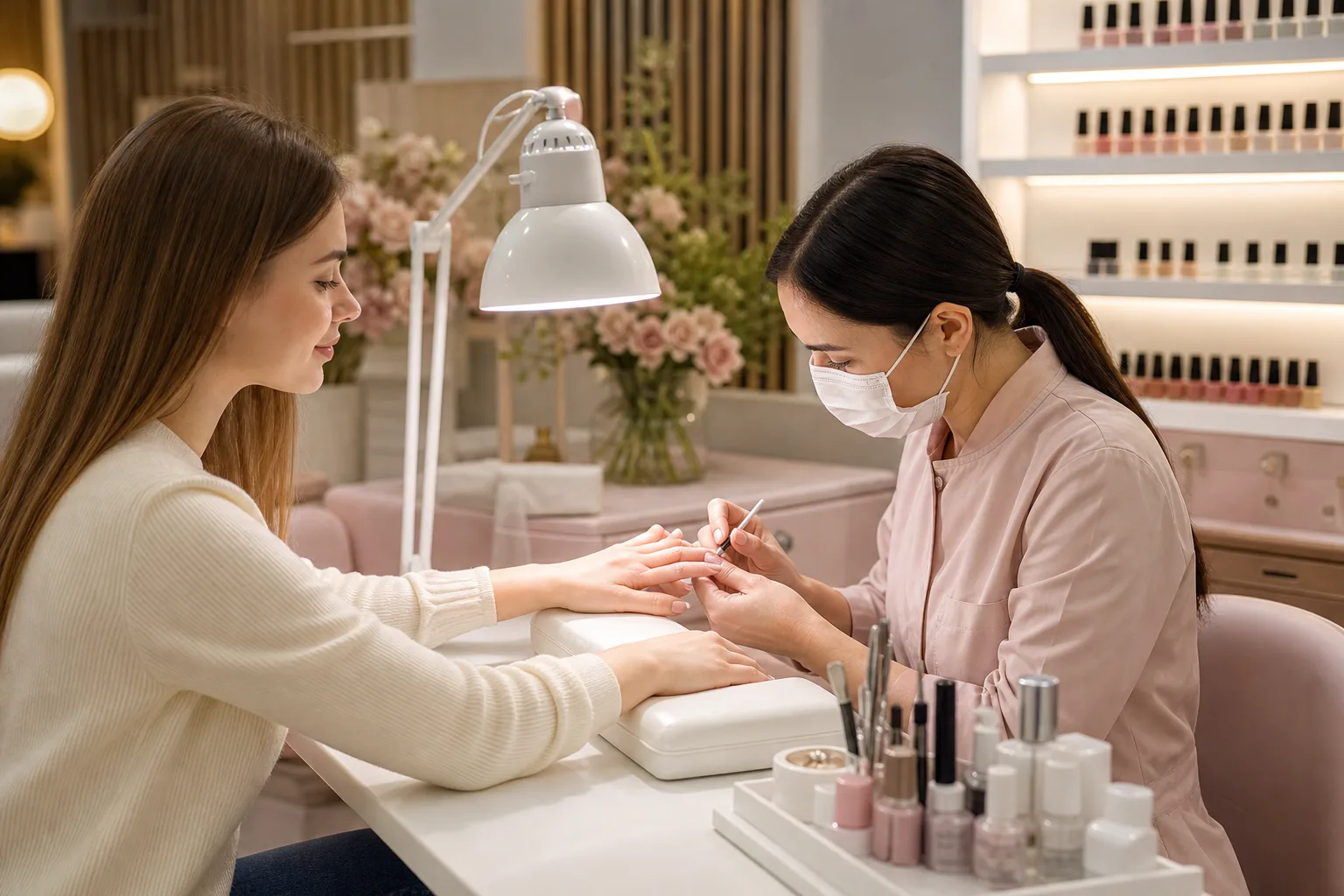 Manicure in progress at a tidy nail salon station