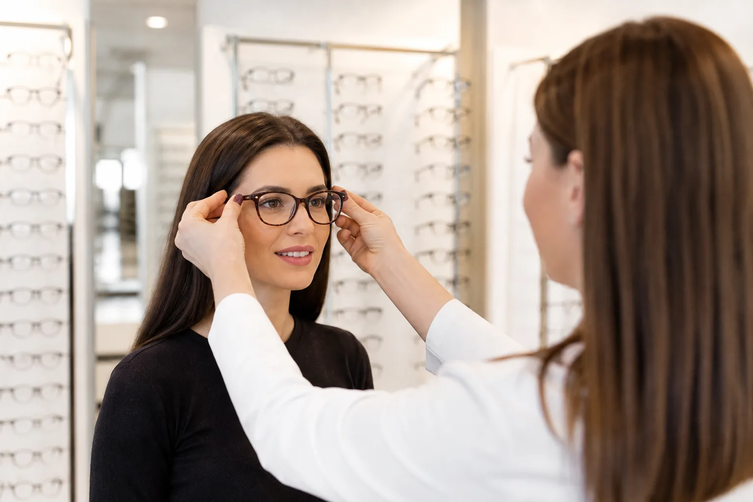 Optician fitting eyeglasses for a customer