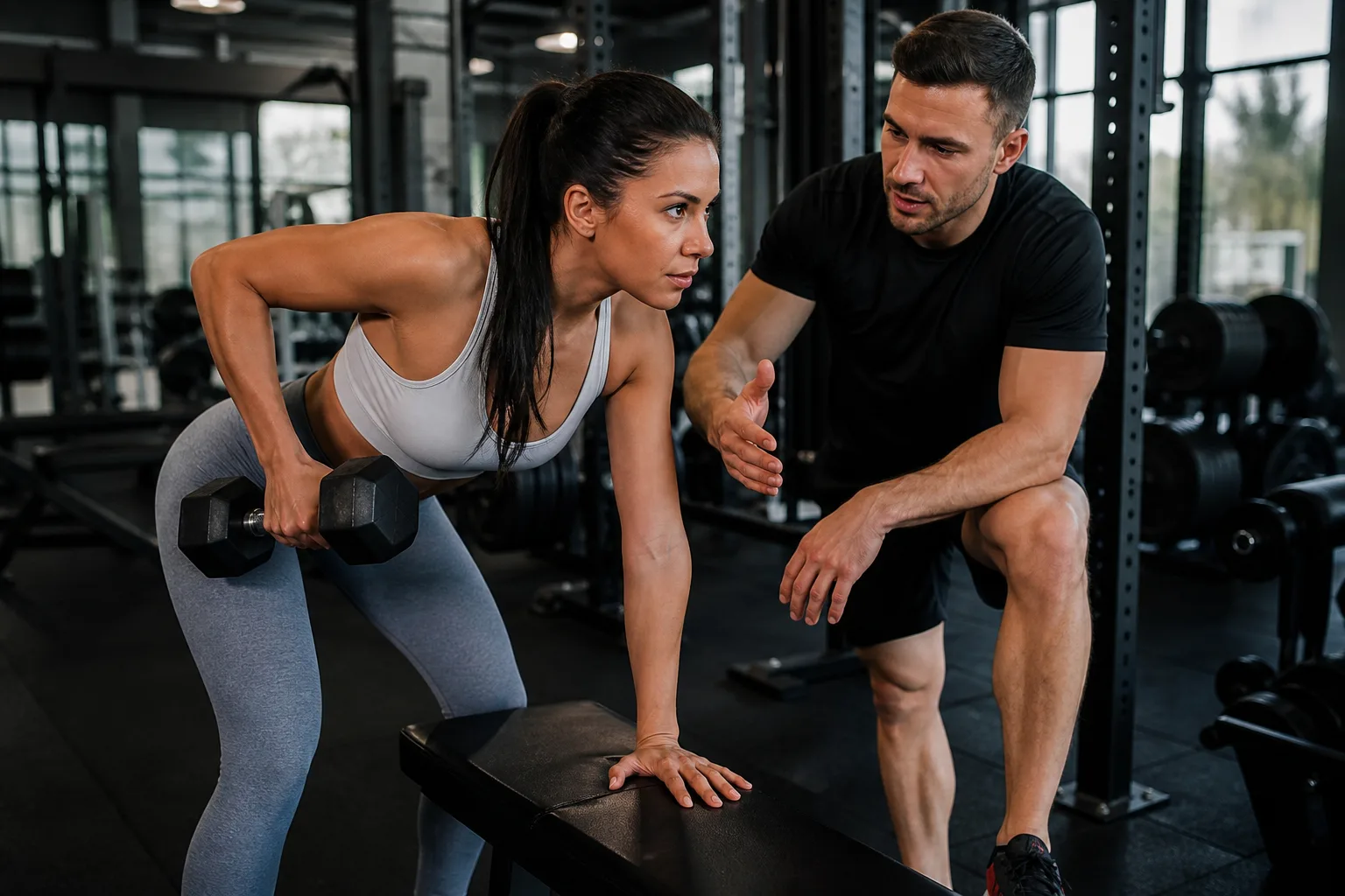 Personal trainer coaching a client with dumbbells