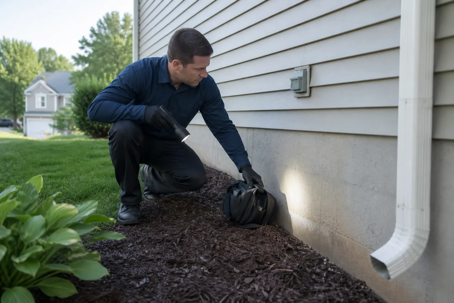 Pest control technician inspecting a house exterior