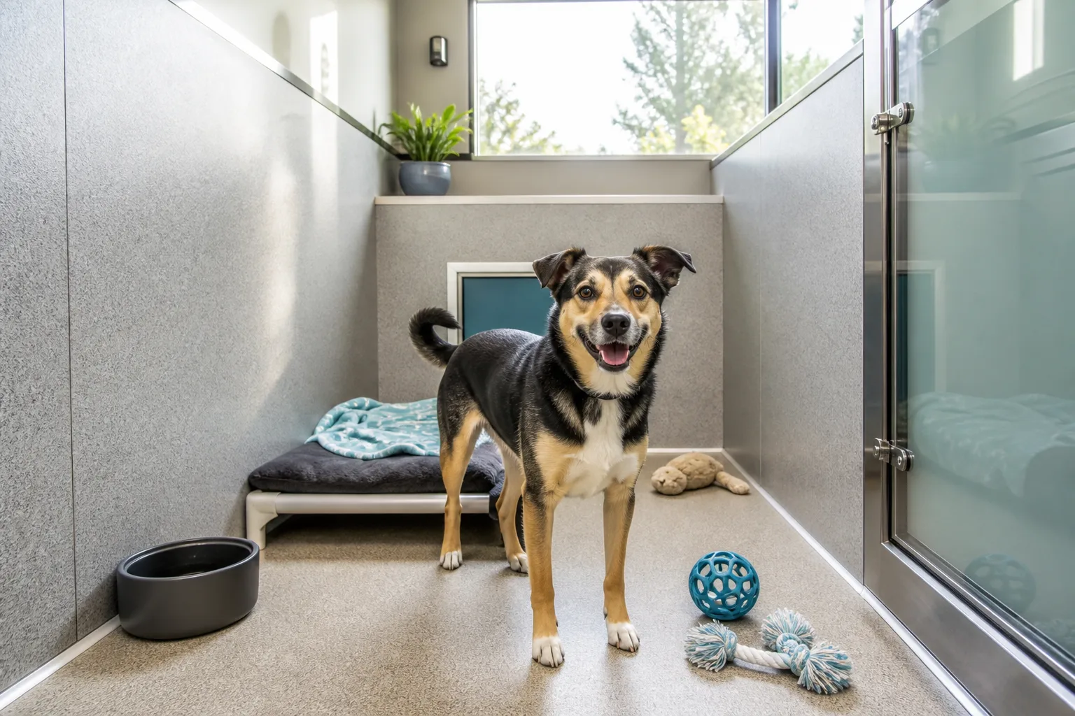 Dog resting in a clean pet boarding suite