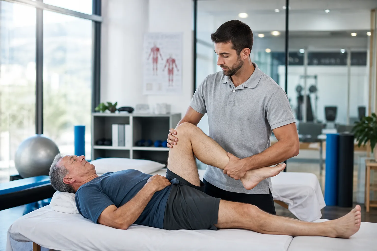 Physiotherapist helping a patient stretch in a rehab clinic