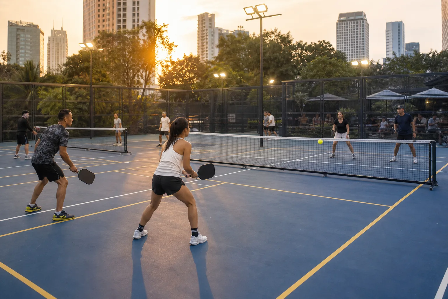 Players rallying on outdoor pickleball courts at a modern club complex