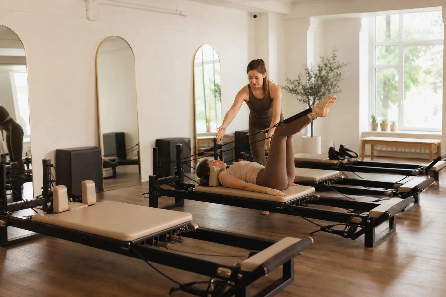 Instructor guiding a client on a reformer in a bright pilates studio
