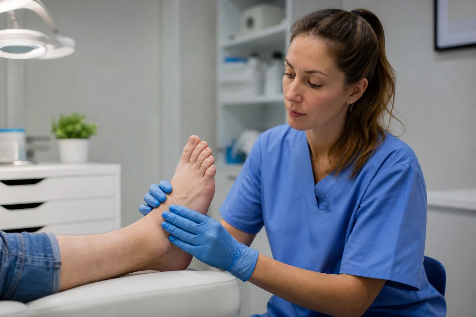 Podiatrist examining a patient's foot in a clinic