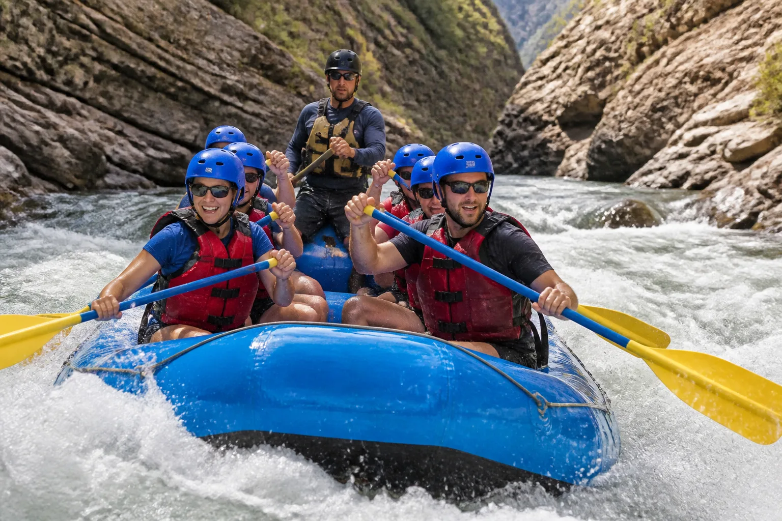 Whitewater rafting group paddling through river rapids