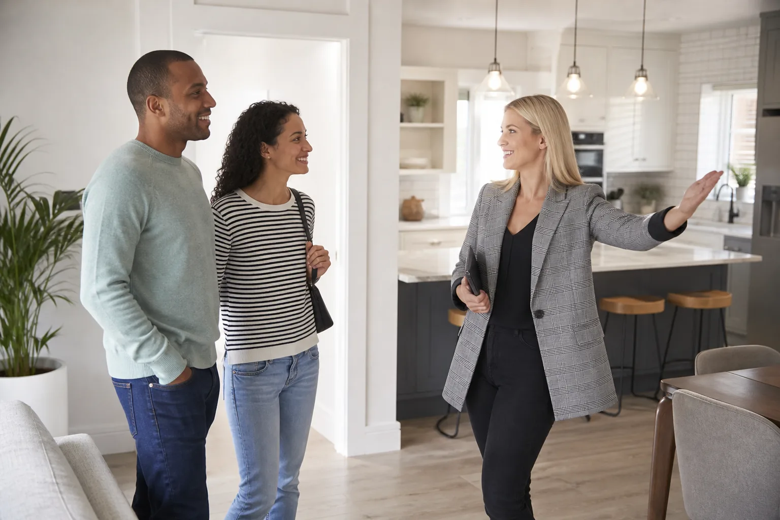 Real estate agent showing a modern home to prospective buyers