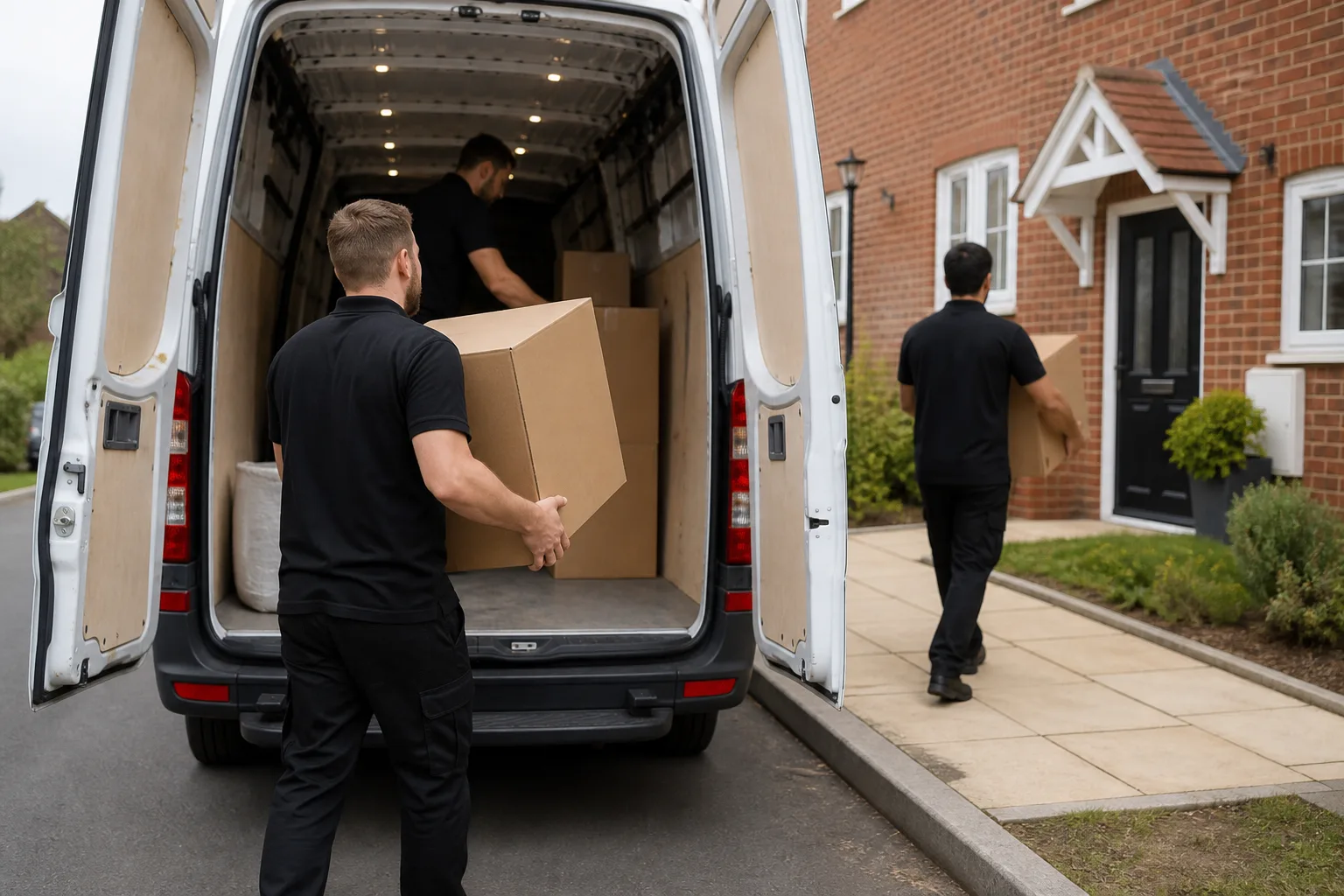 Removals team loading boxes into a moving van