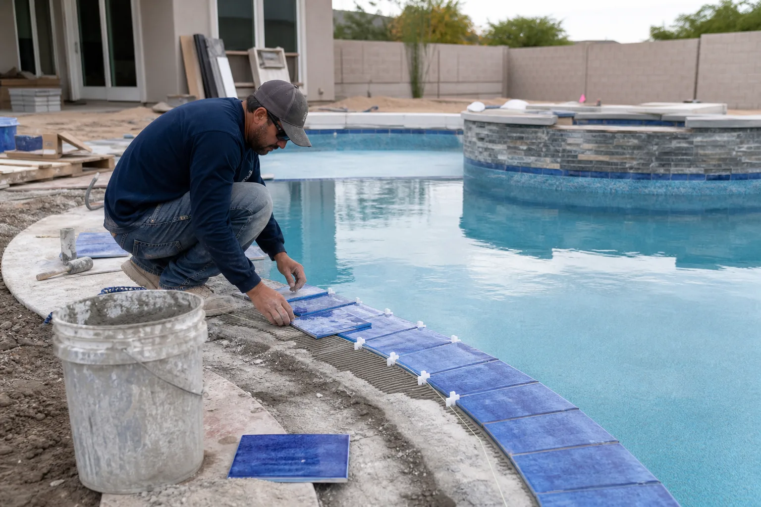Contractor installing tile around a new backyard pool