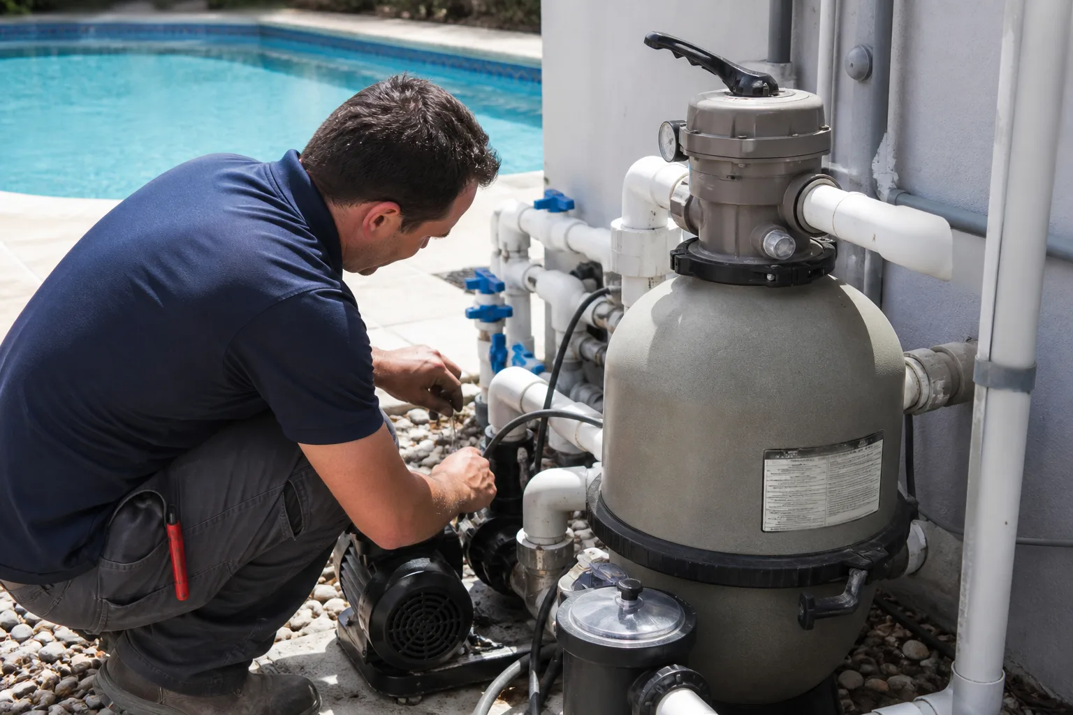 Technician repairing swimming pool pump equipment