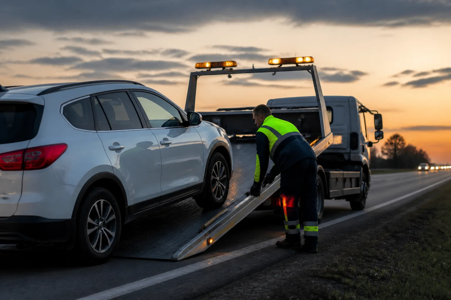 Tow truck loading a broken-down car on a roadside