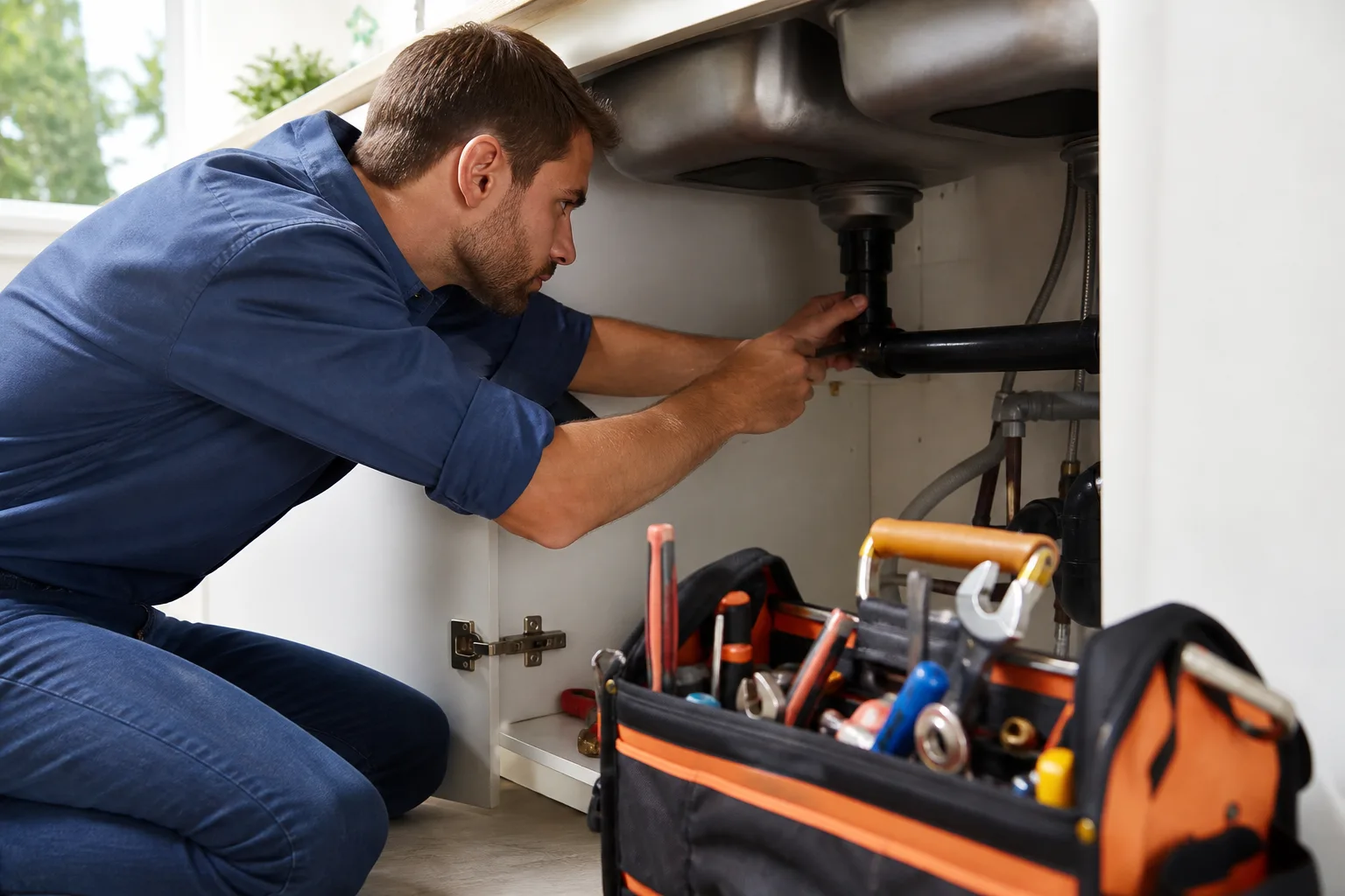 Tradesperson working on a residential plumbing repair