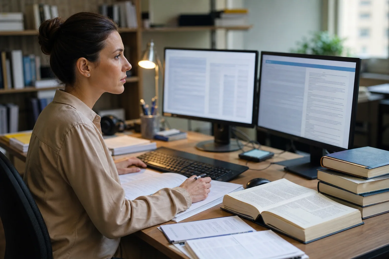 Translation professional working at a dual-monitor desk