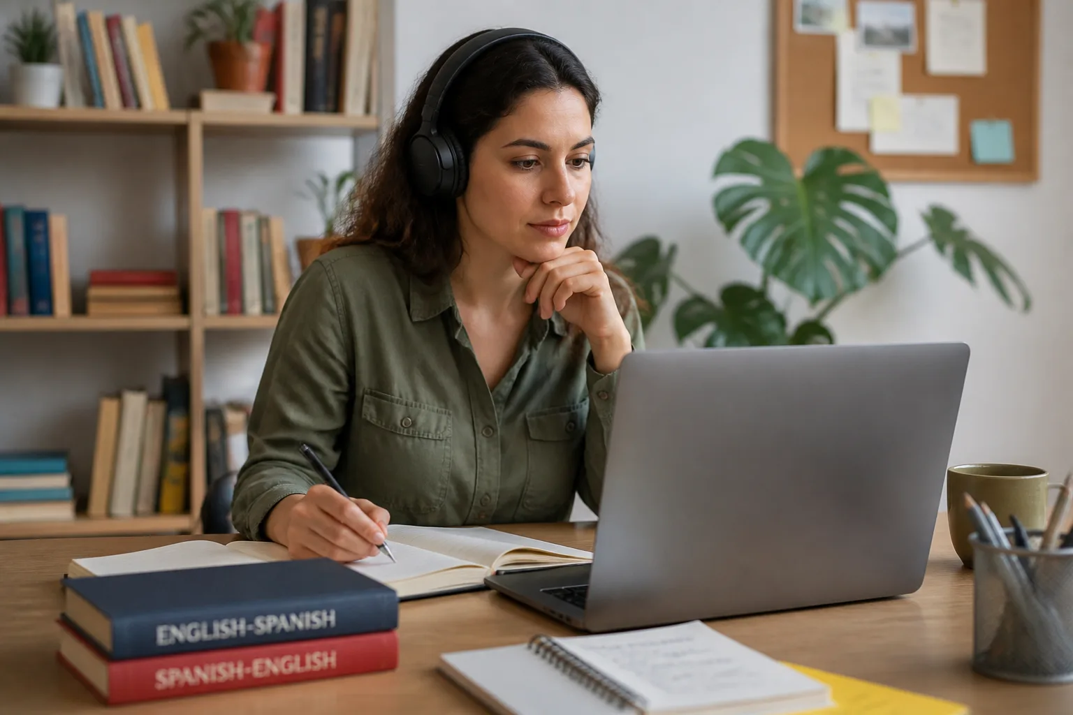Freelance translator working at a laptop in a home office