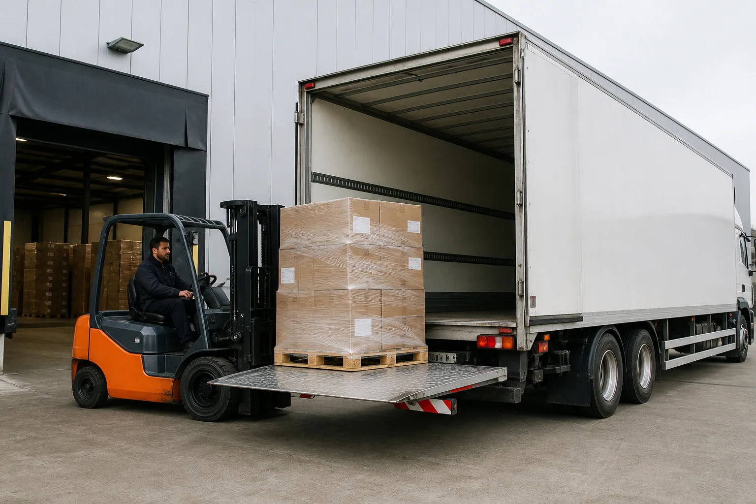 Freight truck being loaded at a warehouse dock