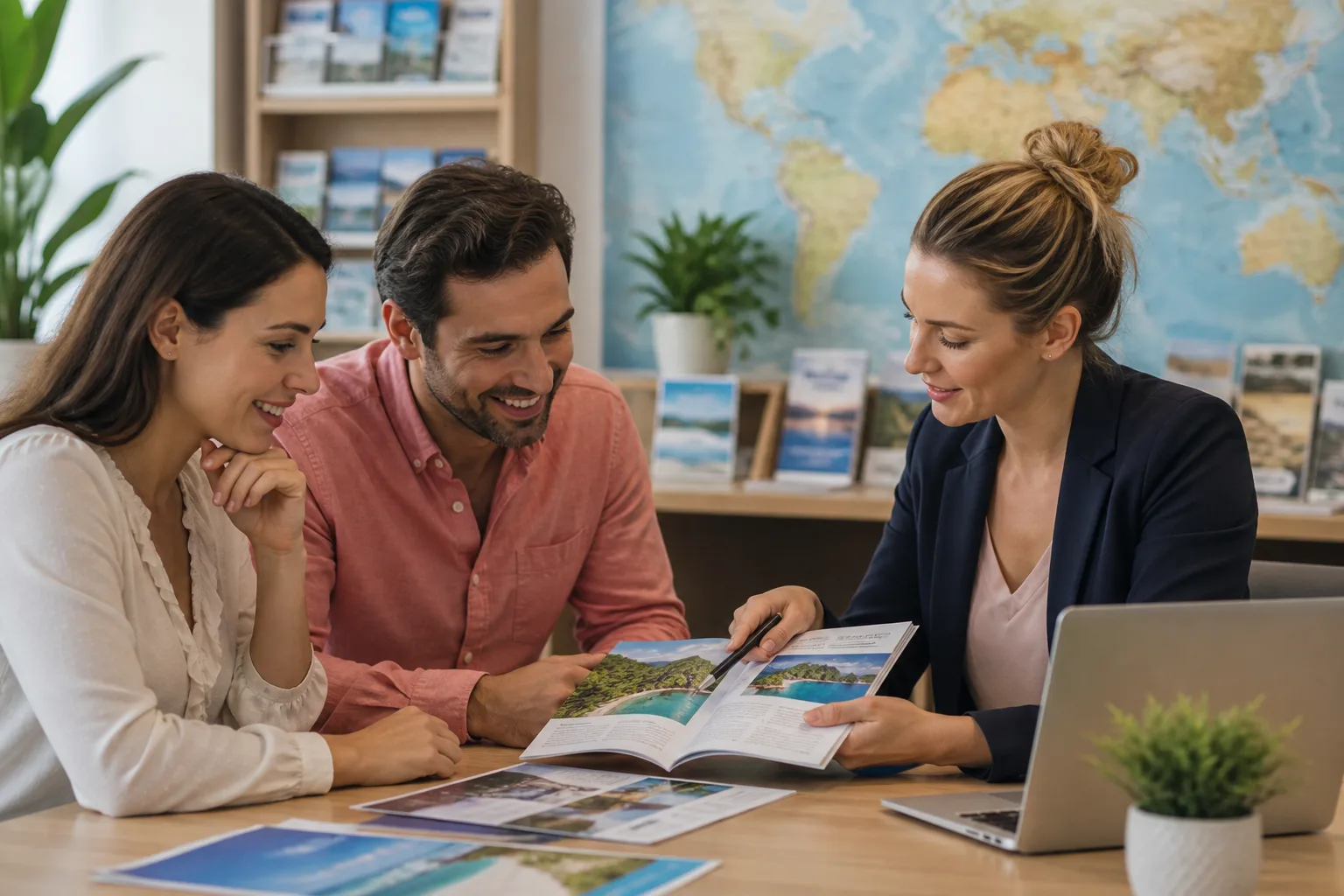 Travel agent helping clients plan a vacation