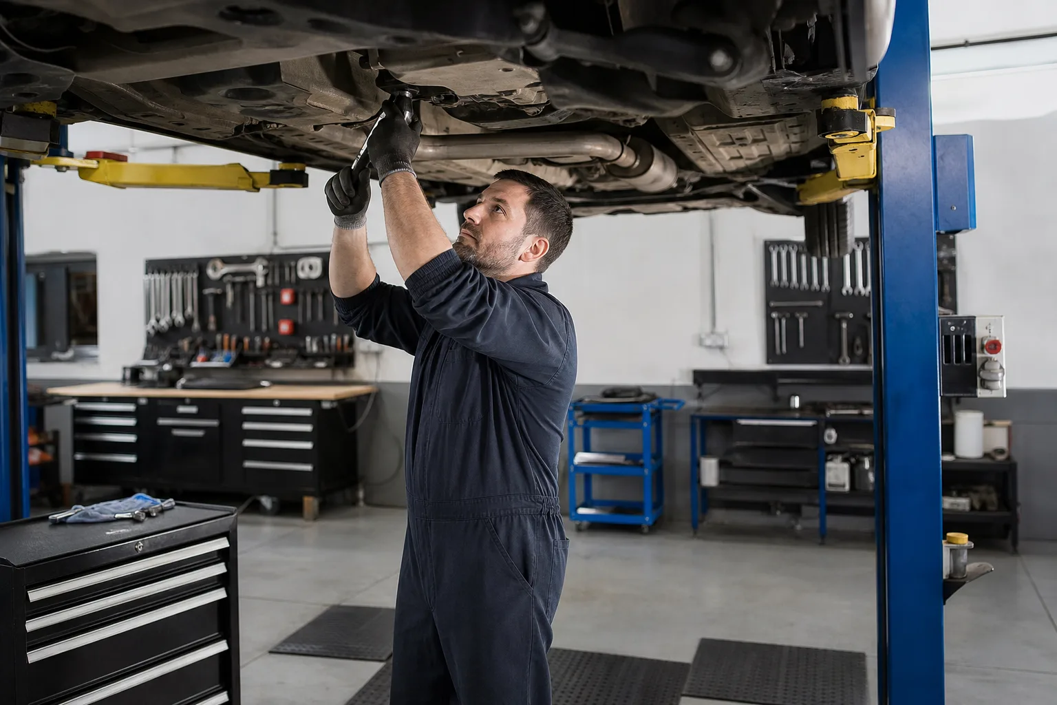 Mechanic working under a car on a lift in a repair garage